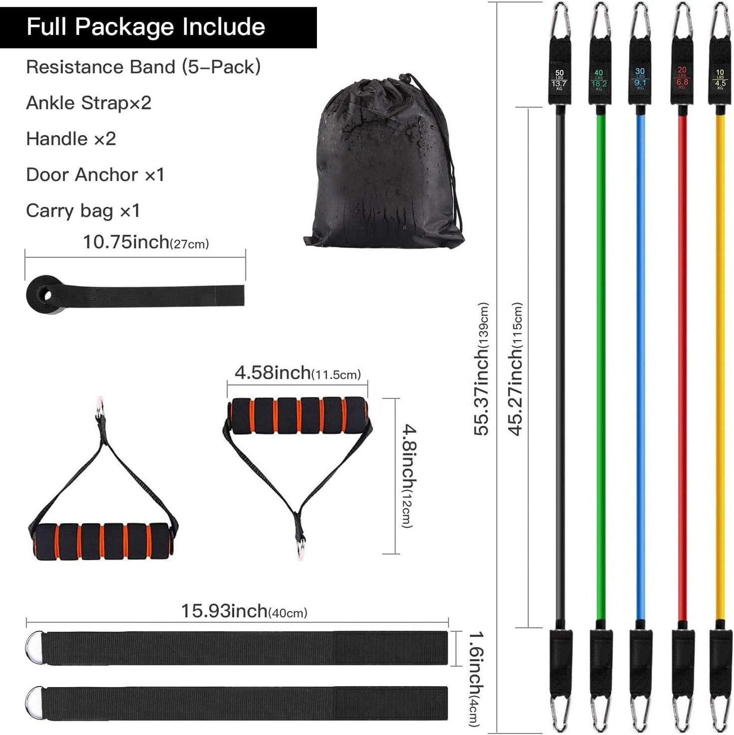 11-Piece Resistance Band Set - Includes Handles, Door Anchor, Ankle Straps for Home Workouts, Yoga, Pilates - Stackable up to 150 Lbs