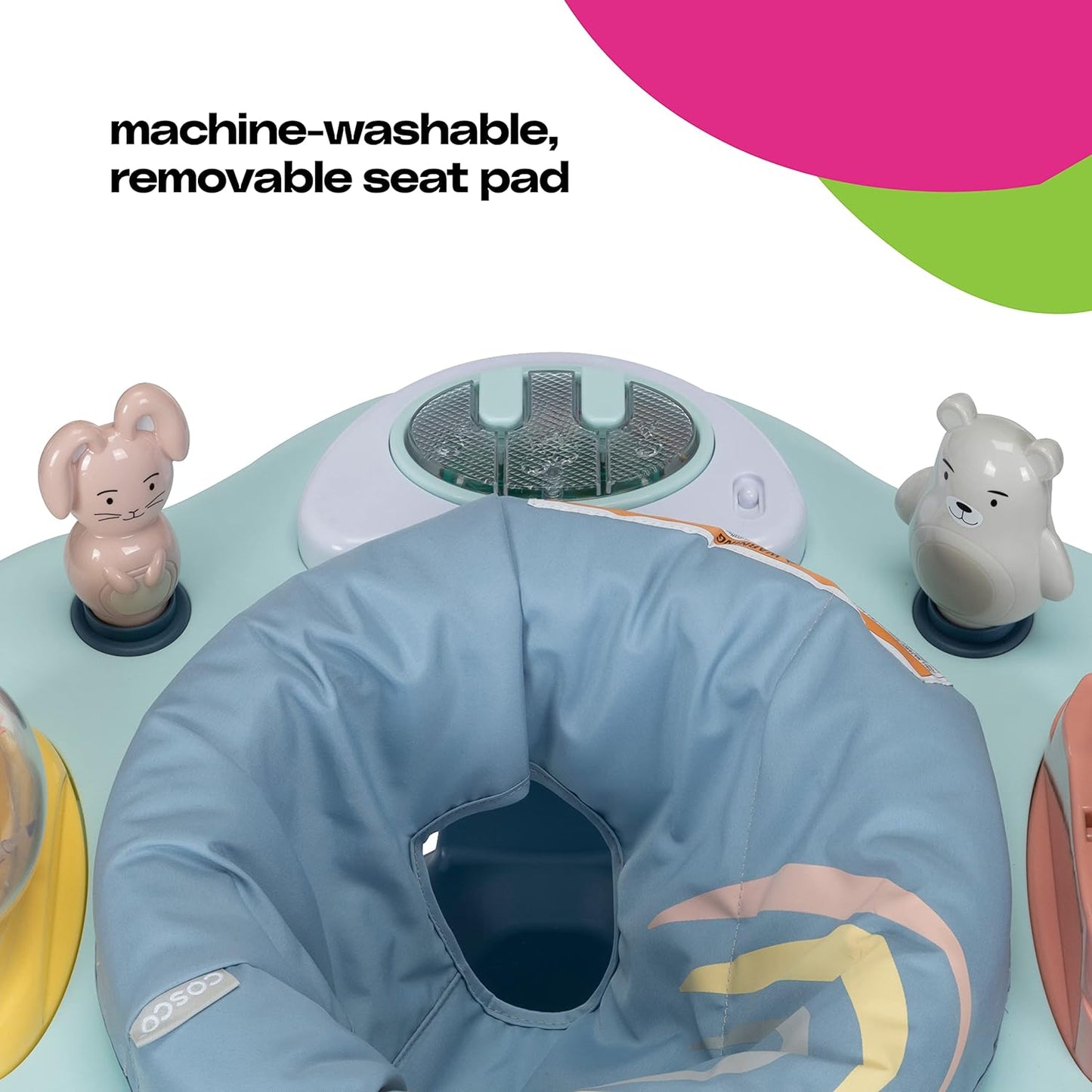Cosco Play-in-Place Activity Center: 360° Rotating Seat, 6 Toys, 3-Height Adjustment & Machine-Washable Pad - Rainbow