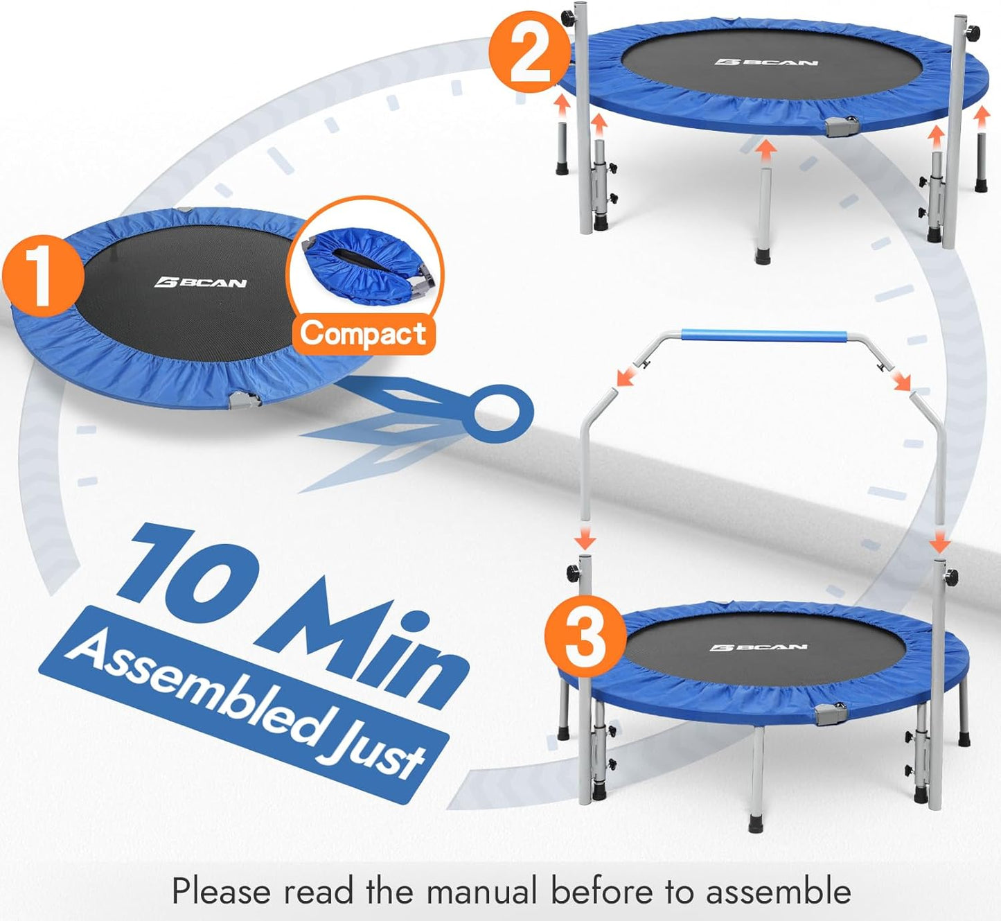 Foldable Mini Trampoline for Adults: 40/48-Inch, Adjustable Foam Handle, Max Load 330/440 Lbs - Ideal for Indoor/Garden Fitness Workouts