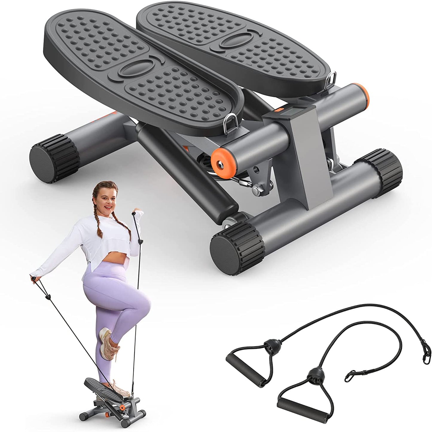 Mini Stepper: Exercise Stair with Resistance Bands, 300LBS Capacity & LCD Monitor