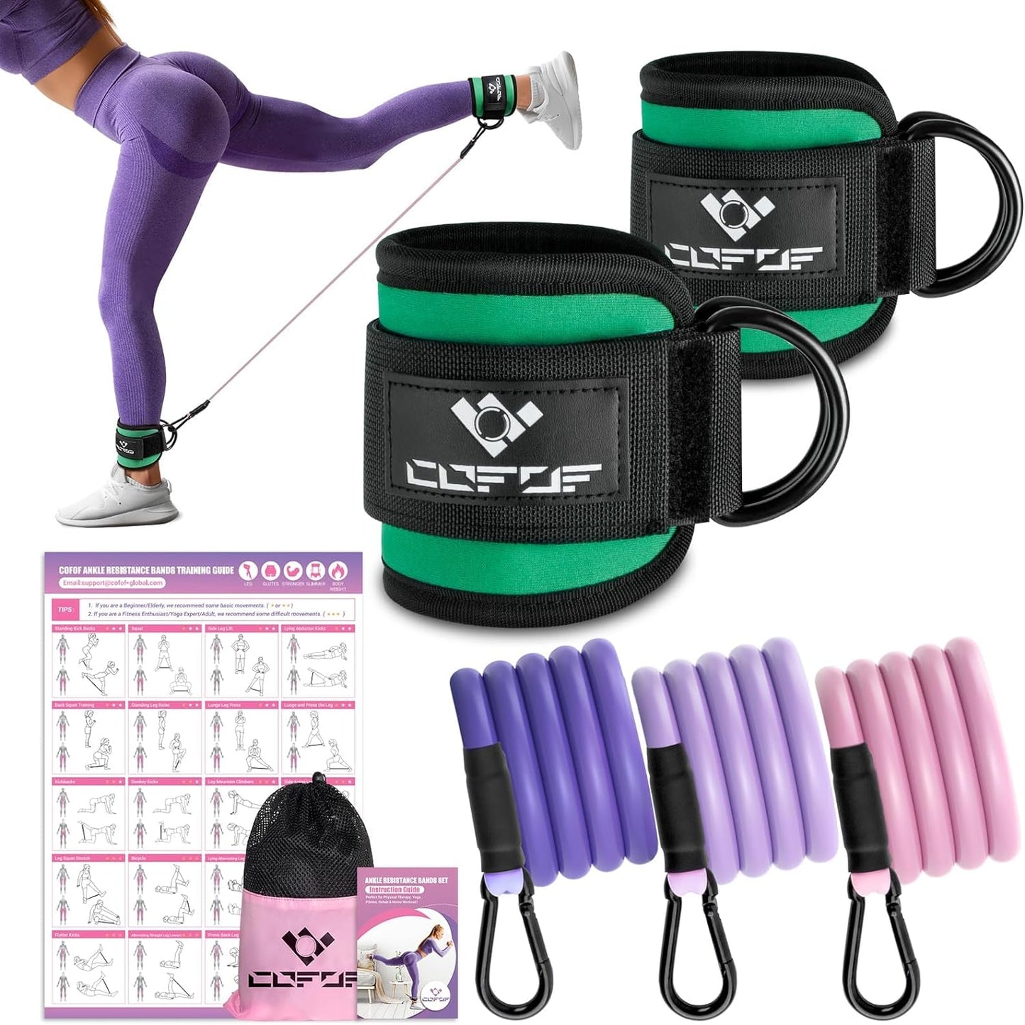 Ankle Resistance Bands Set with Adjustable Cuffs: Includes Workout Poster for Kickbacks, Hip, Leg, and Glute Exercises - Ideal for Women