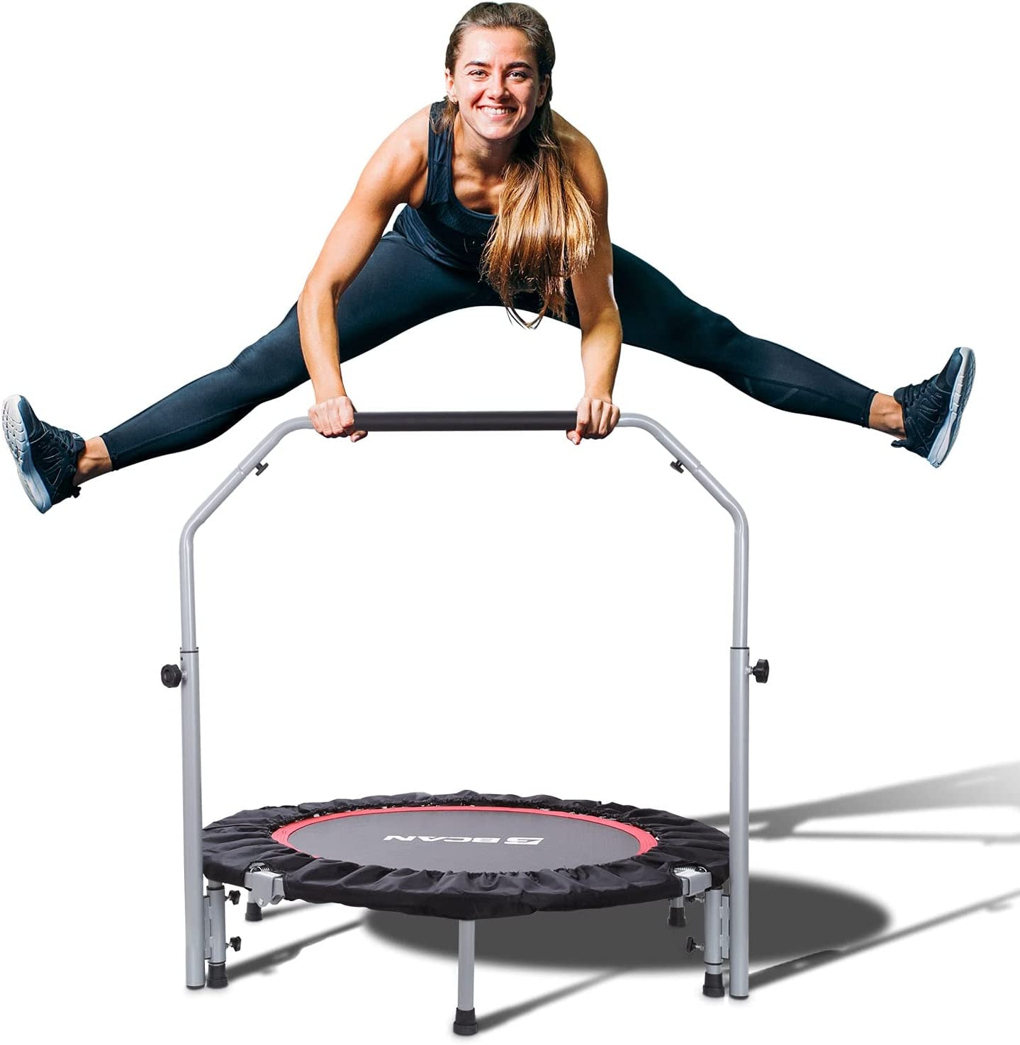 Foldable Mini Trampoline for Adults: 40/48-Inch, Adjustable Foam Handle, Max Load 330/440 Lbs - Ideal for Indoor/Garden Fitness Workouts