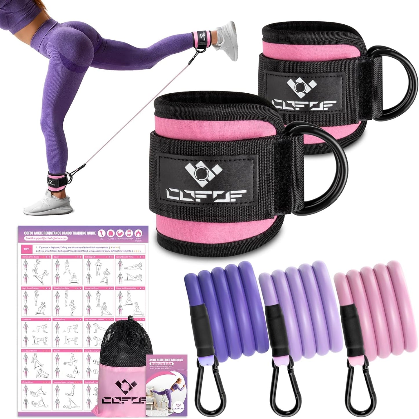 Ankle Resistance Bands Set with Adjustable Cuffs: Includes Workout Poster for Kickbacks, Hip, Leg, and Glute Exercises - Ideal for Women