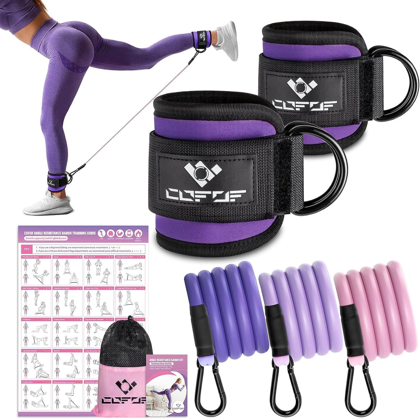 Ankle Resistance Bands Set with Adjustable Cuffs: Includes Workout Poster for Kickbacks, Hip, Leg, and Glute Exercises - Ideal for Women
