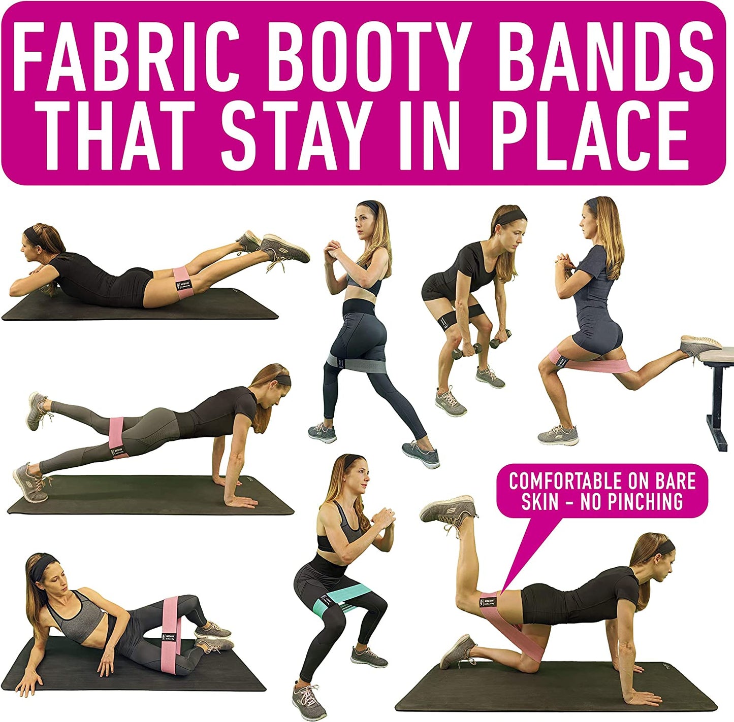 Fabric Resistance Bands Set of 4 for Booty, Hip & Thigh Workouts - Includes Exercise Guide for Men & Women
