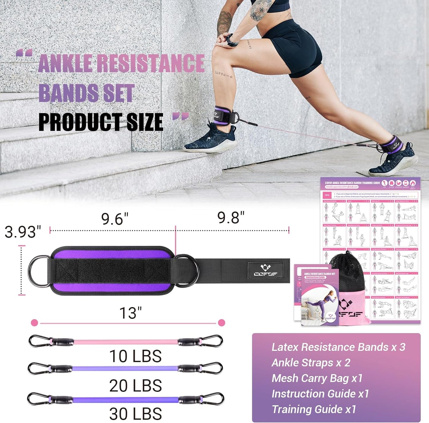 Ankle Resistance Bands Set with Adjustable Cuffs: Includes Workout Poster for Kickbacks, Hip, Leg, and Glute Exercises - Ideal for Women