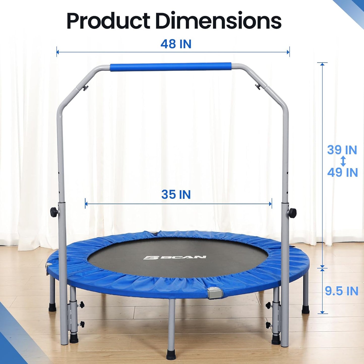 Foldable Mini Trampoline for Adults: 40/48-Inch, Adjustable Foam Handle, Max Load 330/440 Lbs - Ideal for Indoor/Garden Fitness Workouts