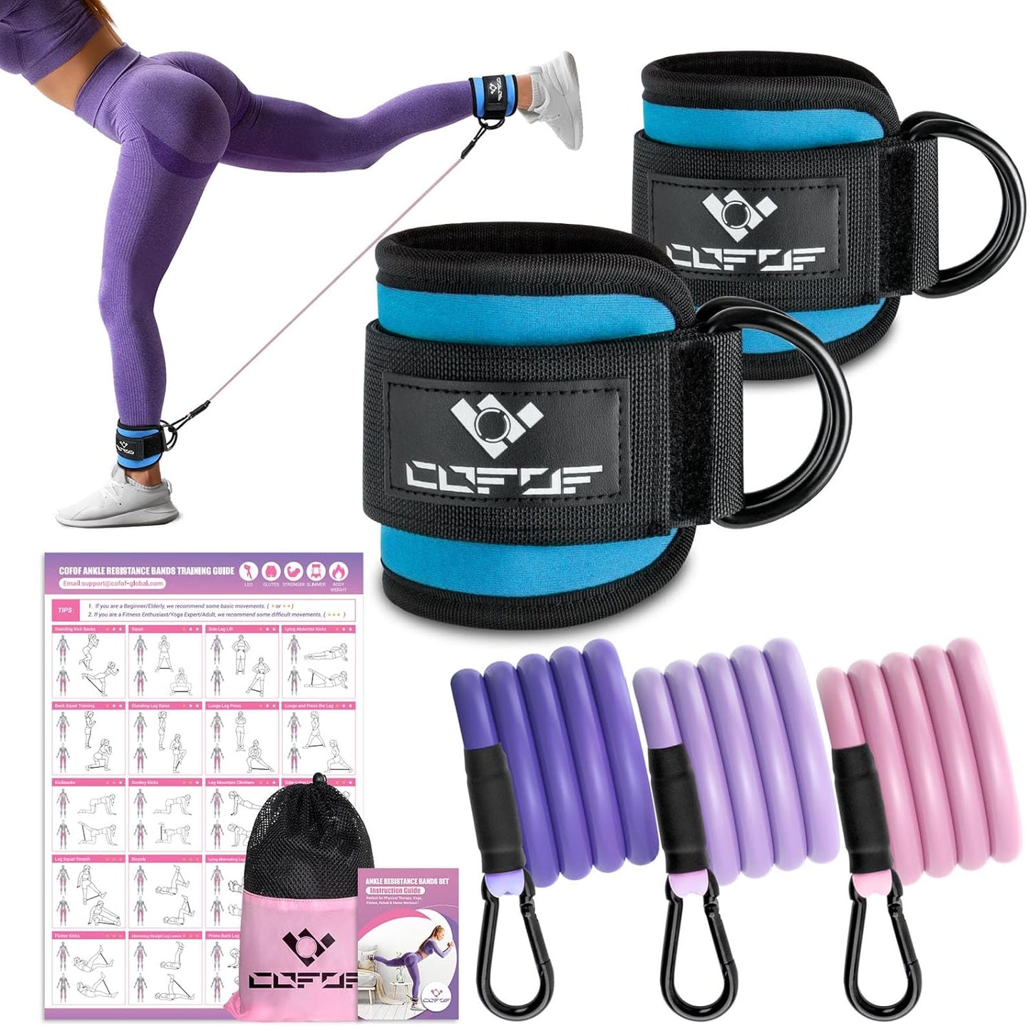 Ankle Resistance Bands Set with Adjustable Cuffs: Includes Workout Poster for Kickbacks, Hip, Leg, and Glute Exercises - Ideal for Women