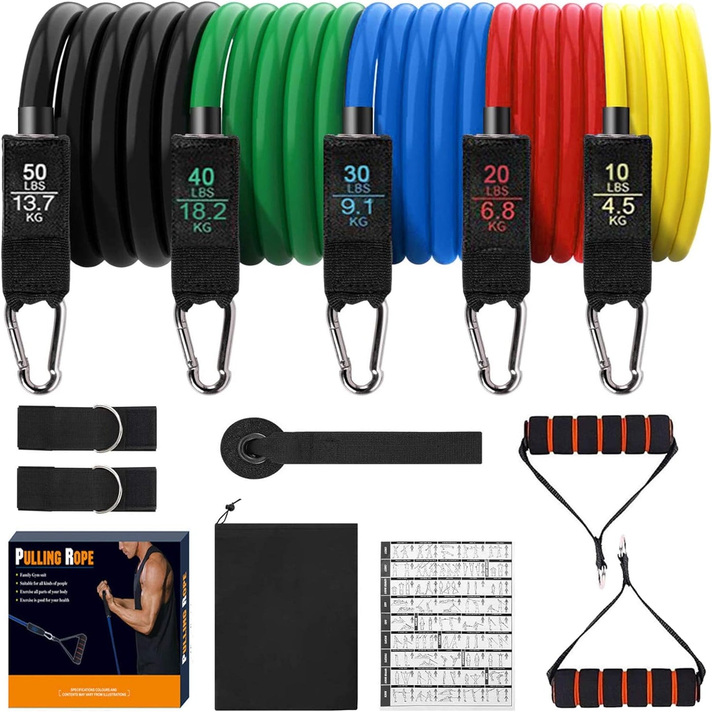 11-Piece Resistance Band Set - Includes Handles, Door Anchor, Ankle Straps for Home Workouts, Yoga, Pilates - Stackable up to 150 Lbs
