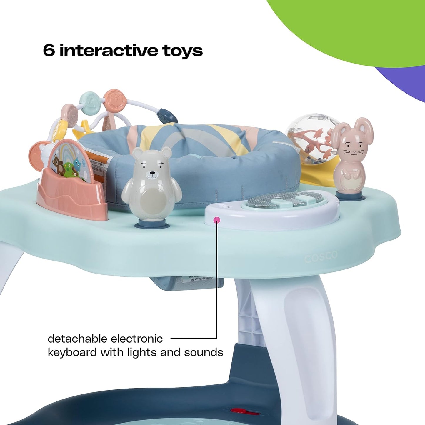Cosco Play-in-Place Activity Center: 360° Rotating Seat, 6 Toys, 3-Height Adjustment & Machine-Washable Pad - Rainbow
