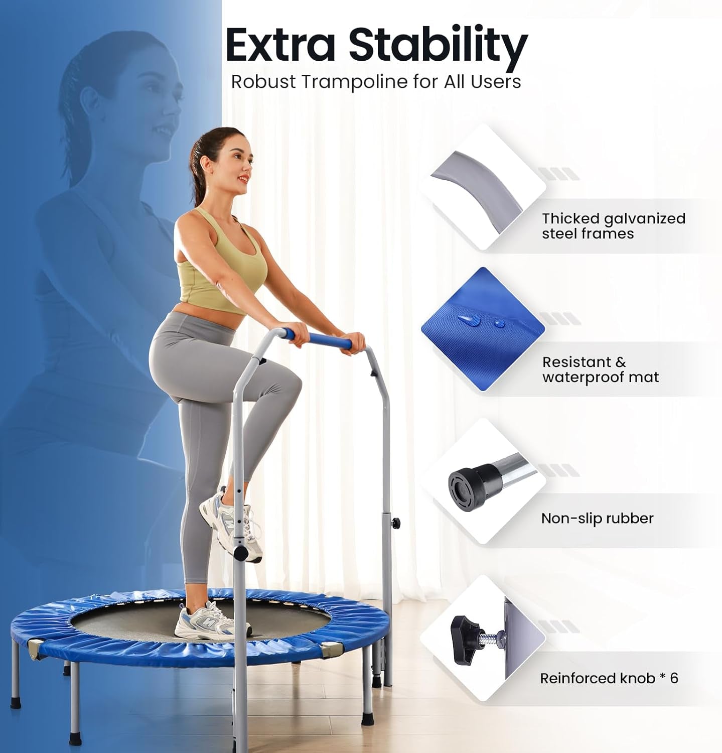 Foldable Mini Trampoline for Adults: 40/48-Inch, Adjustable Foam Handle, Max Load 330/440 Lbs - Ideal for Indoor/Garden Fitness Workouts