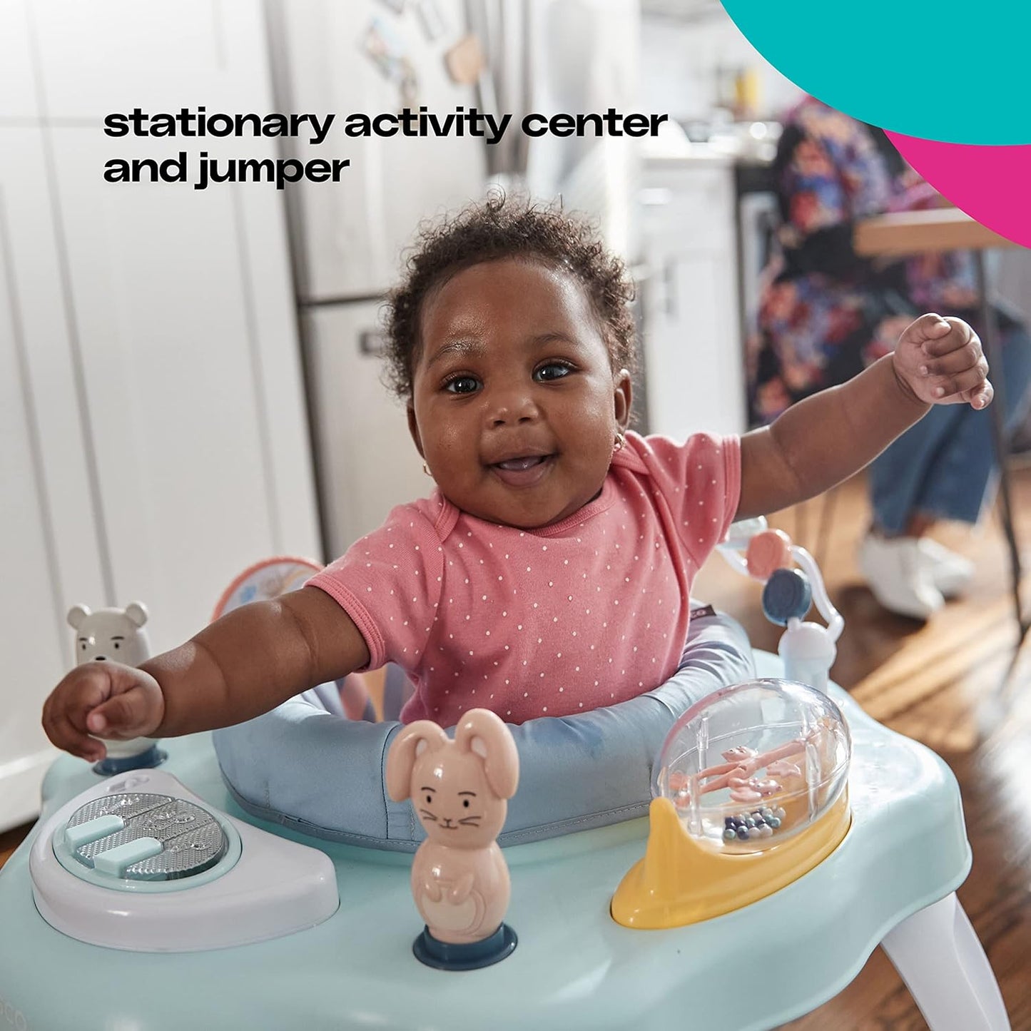 Cosco Play-in-Place Activity Center: 360° Rotating Seat, 6 Toys, 3-Height Adjustment & Machine-Washable Pad - Rainbow