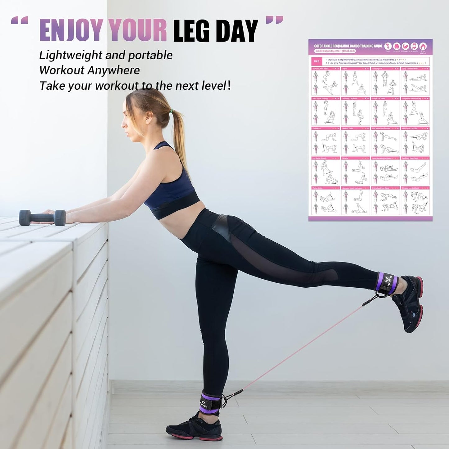 Ankle Resistance Bands Set with Adjustable Cuffs: Includes Workout Poster for Kickbacks, Hip, Leg, and Glute Exercises - Ideal for Women