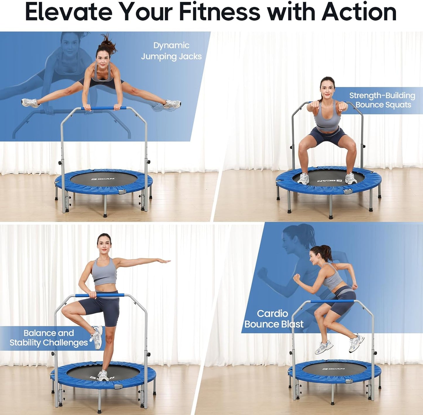 Foldable Mini Trampoline for Adults: 40/48-Inch, Adjustable Foam Handle, Max Load 330/440 Lbs - Ideal for Indoor/Garden Fitness Workouts
