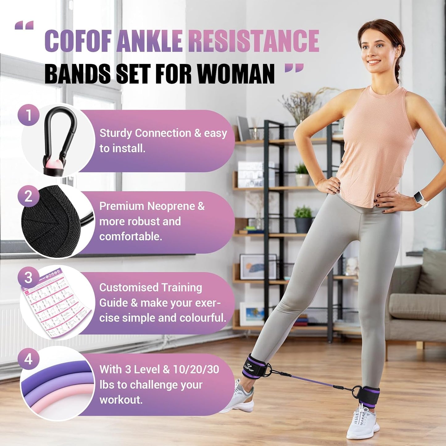 Ankle Resistance Bands Set with Adjustable Cuffs: Includes Workout Poster for Kickbacks, Hip, Leg, and Glute Exercises - Ideal for Women