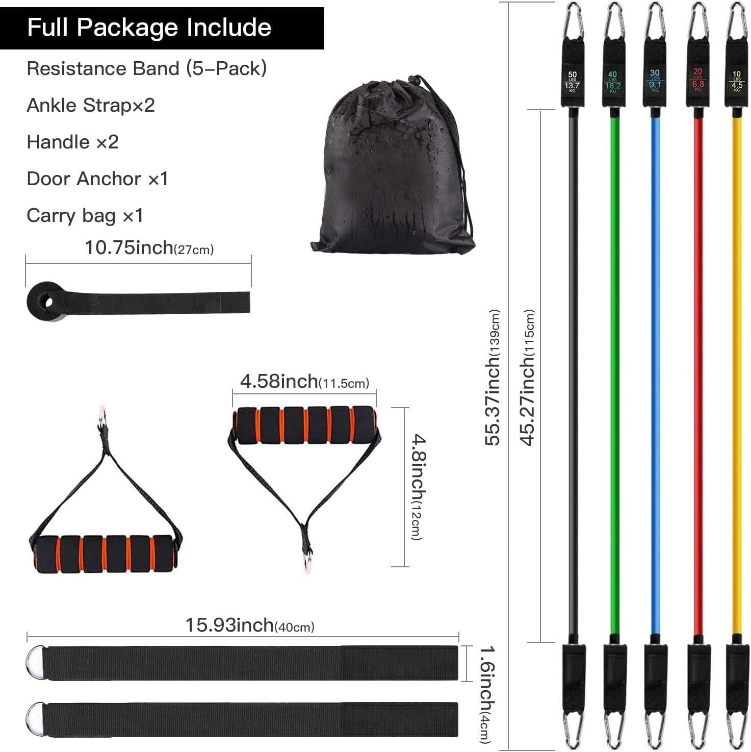 11-Piece Resistance Band Set - Includes Handles, Door Anchor, Ankle Straps for Home Workouts, Yoga, Pilates - Stackable up to 150 Lbs