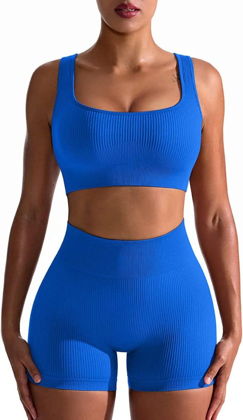 Women's 2-Piece Workout Set: Seamless Ribbed High Waist Leggings & Sports Bra - Exercise Outfit