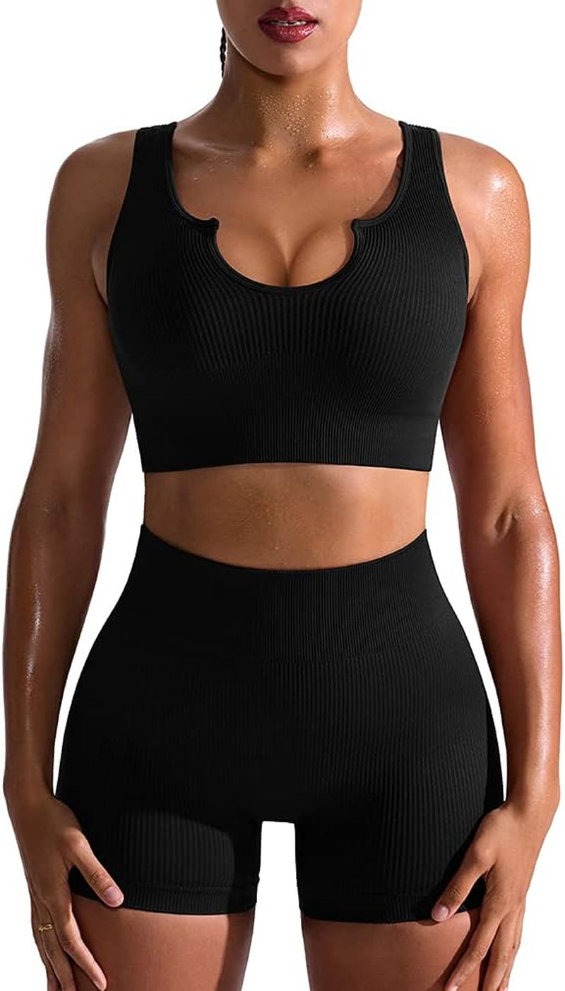Women's 2-Piece Workout Set: Seamless Ribbed High Waist Leggings & Sports Bra - Exercise Outfit