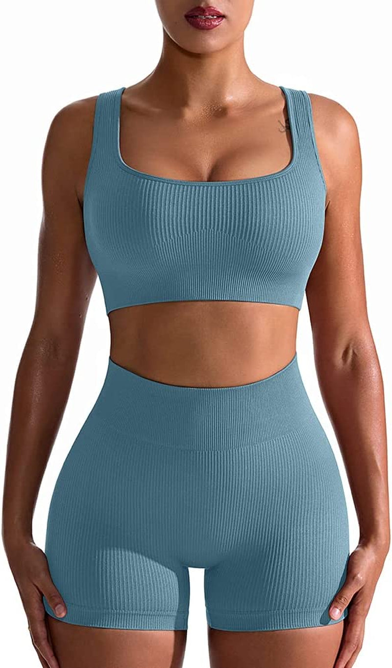 Women's 2-Piece Workout Set: Seamless Ribbed High Waist Leggings & Sports Bra - Exercise Outfit