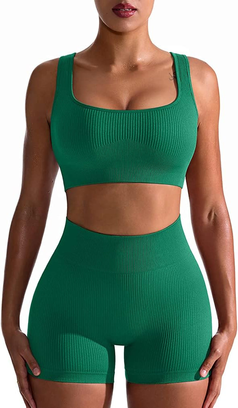 Women's 2-Piece Workout Set: Seamless Ribbed High Waist Leggings & Sports Bra - Exercise Outfit