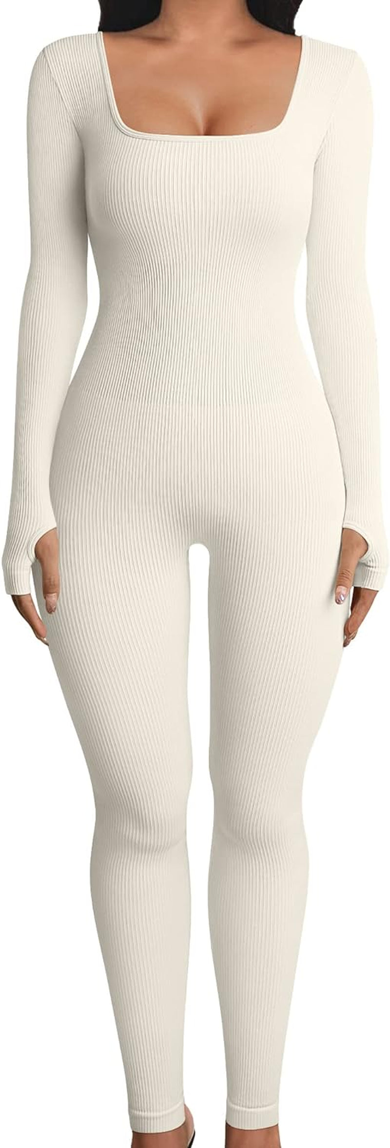 Women's Ribbed Yoga Jumpsuit: Long Sleeve Workout Sport Bodysuit