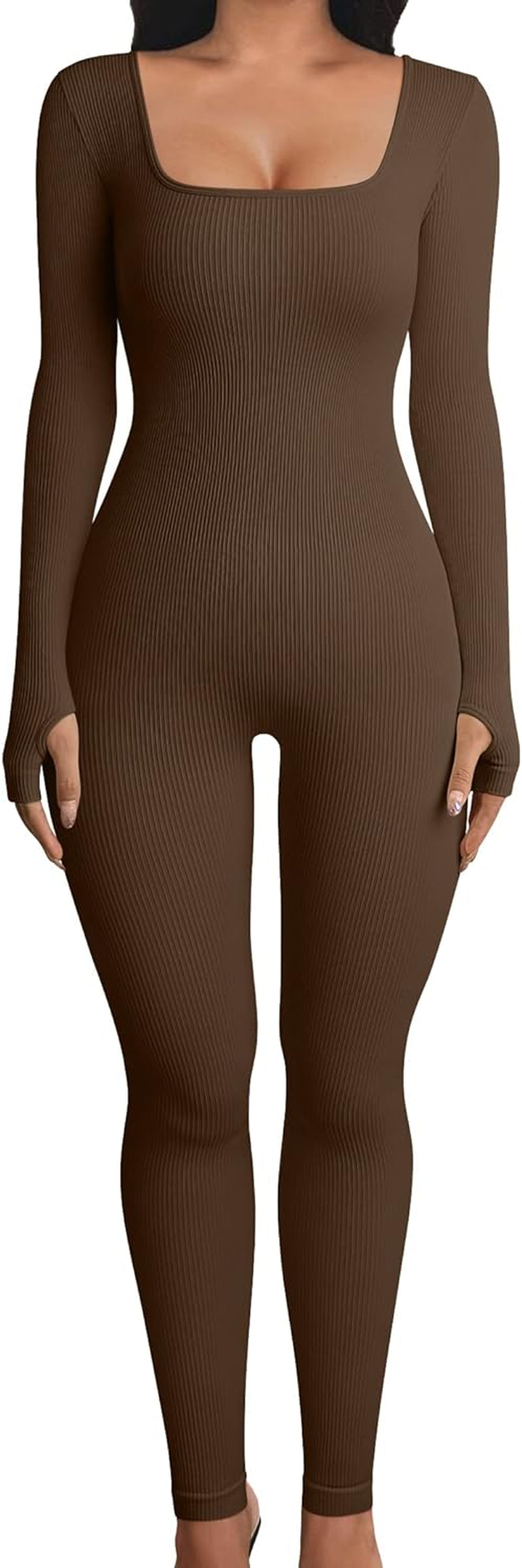 Women's Ribbed Yoga Jumpsuit: Long Sleeve Workout Sport Bodysuit