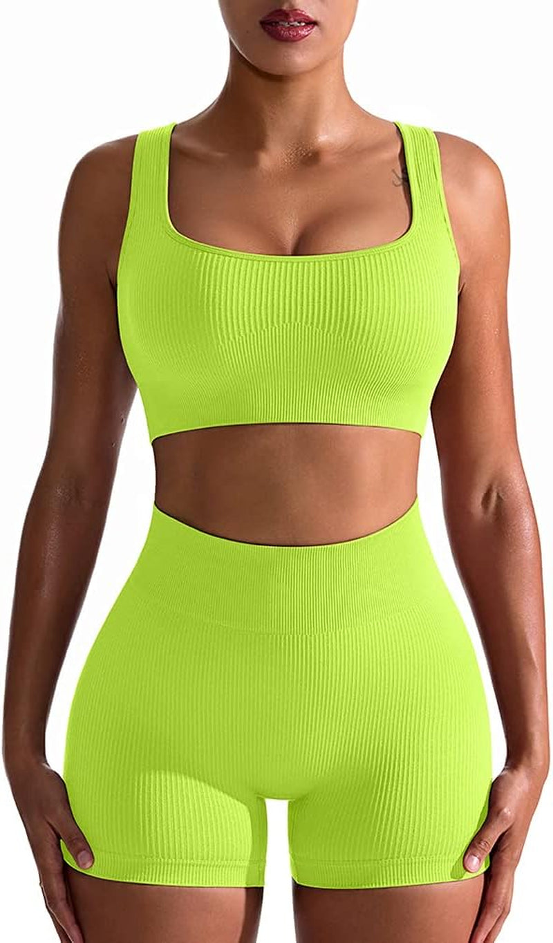 Women's 2-Piece Workout Set: Seamless Ribbed High Waist Leggings & Sports Bra - Exercise Outfit