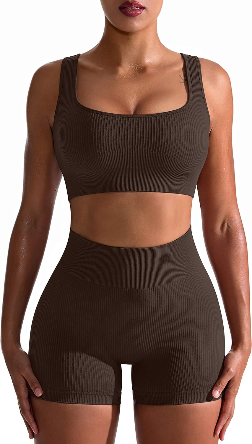 Women's 2-Piece Workout Set: Seamless Ribbed High Waist Leggings & Sports Bra - Exercise Outfit
