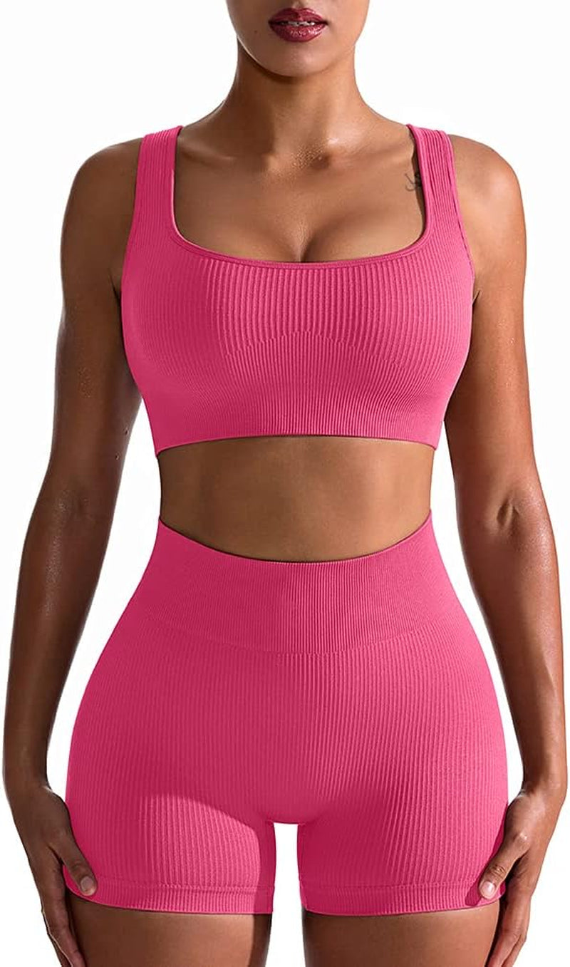 Women's 2-Piece Workout Set: Seamless Ribbed High Waist Leggings & Sports Bra - Exercise Outfit