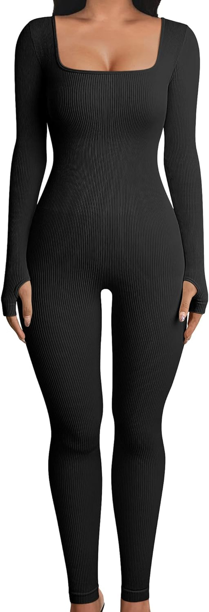 Women's Ribbed Yoga Jumpsuit: Long Sleeve Workout Sport Bodysuit