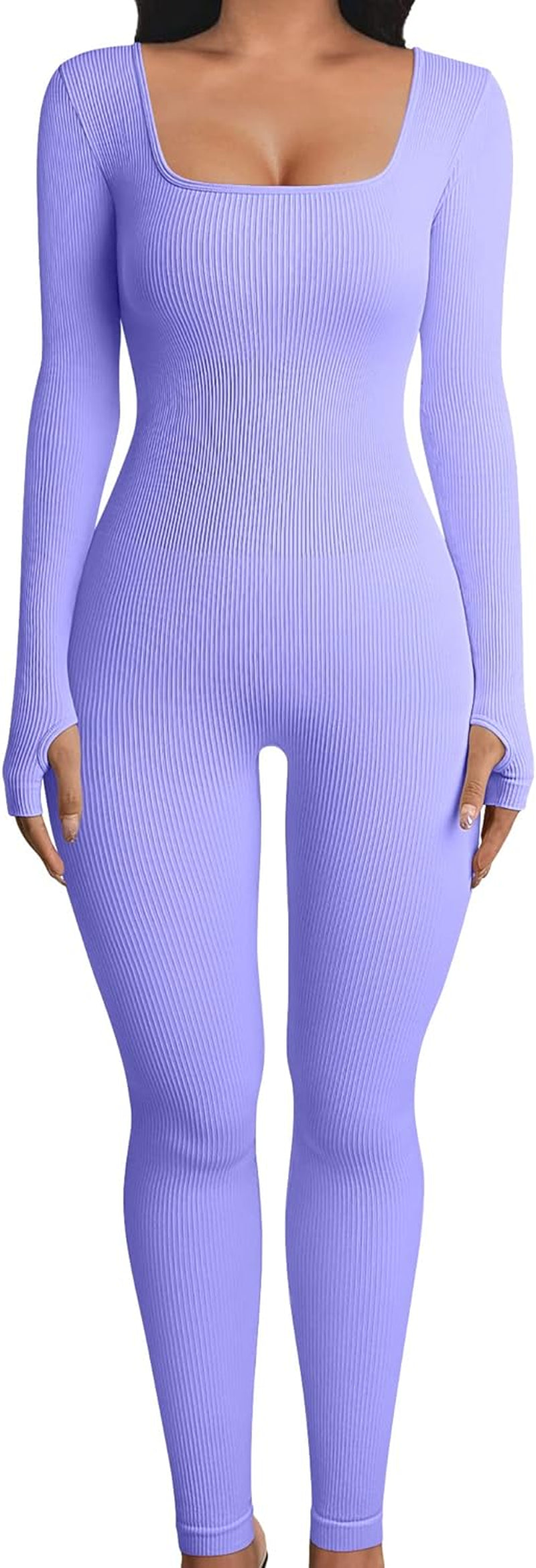 Women's Ribbed Yoga Jumpsuit: Long Sleeve Workout Sport Bodysuit
