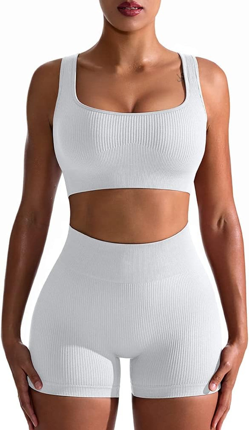 Women's 2-Piece Workout Set: Seamless Ribbed High Waist Leggings & Sports Bra - Exercise Outfit