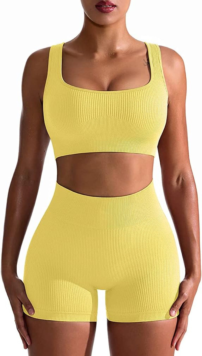 Women's 2-Piece Workout Set: Seamless Ribbed High Waist Leggings & Sports Bra - Exercise Outfit