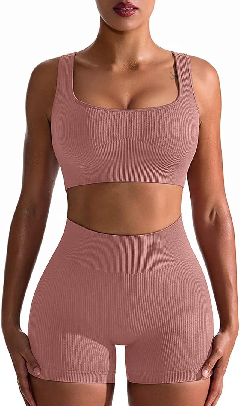 Women's 2-Piece Workout Set: Seamless Ribbed High Waist Leggings & Sports Bra - Exercise Outfit