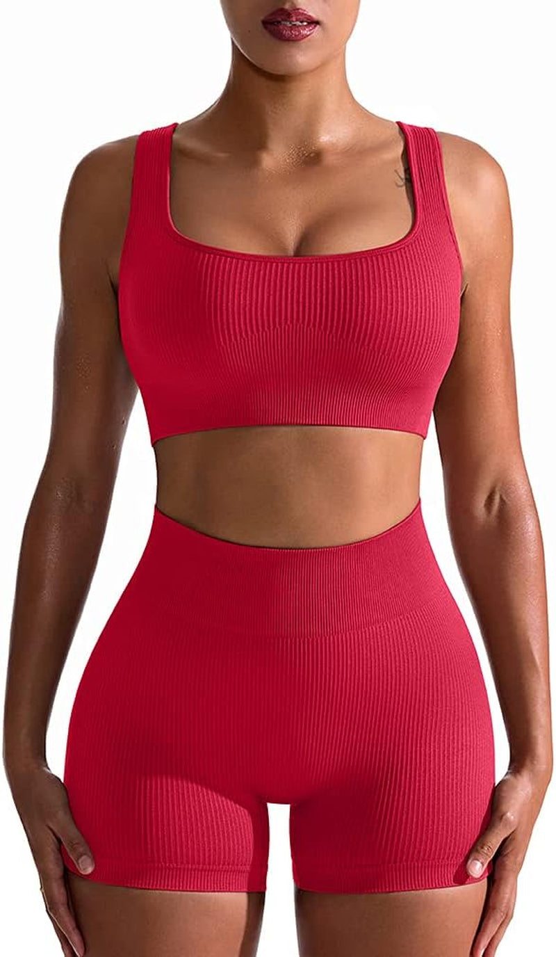 Women's 2-Piece Workout Set: Seamless Ribbed High Waist Leggings & Sports Bra - Exercise Outfit