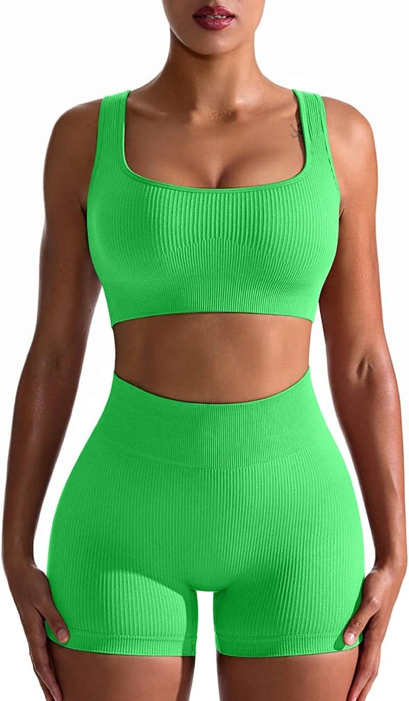 Women's 2-Piece Workout Set: Seamless Ribbed High Waist Leggings & Sports Bra - Exercise Outfit