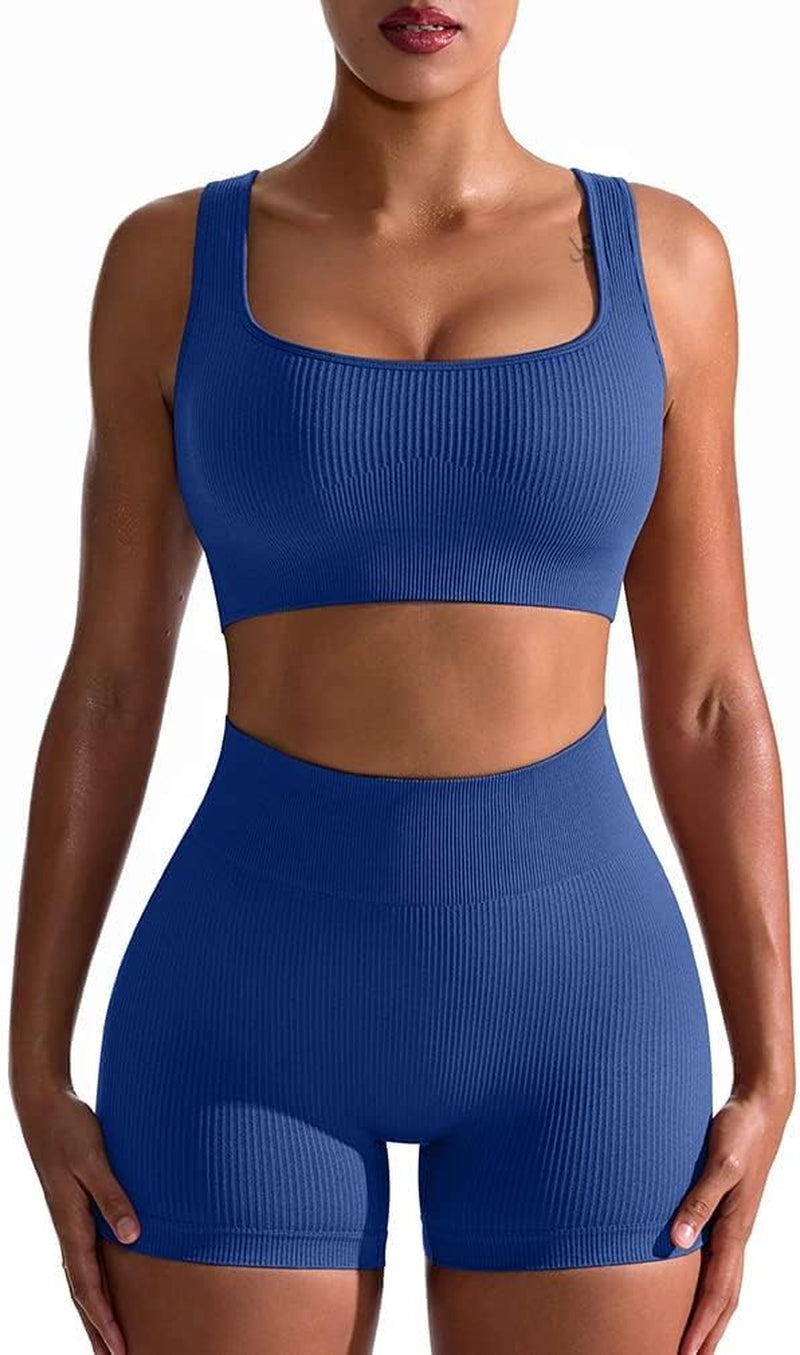 Women's 2-Piece Workout Set: Seamless Ribbed High Waist Leggings & Sports Bra - Exercise Outfit