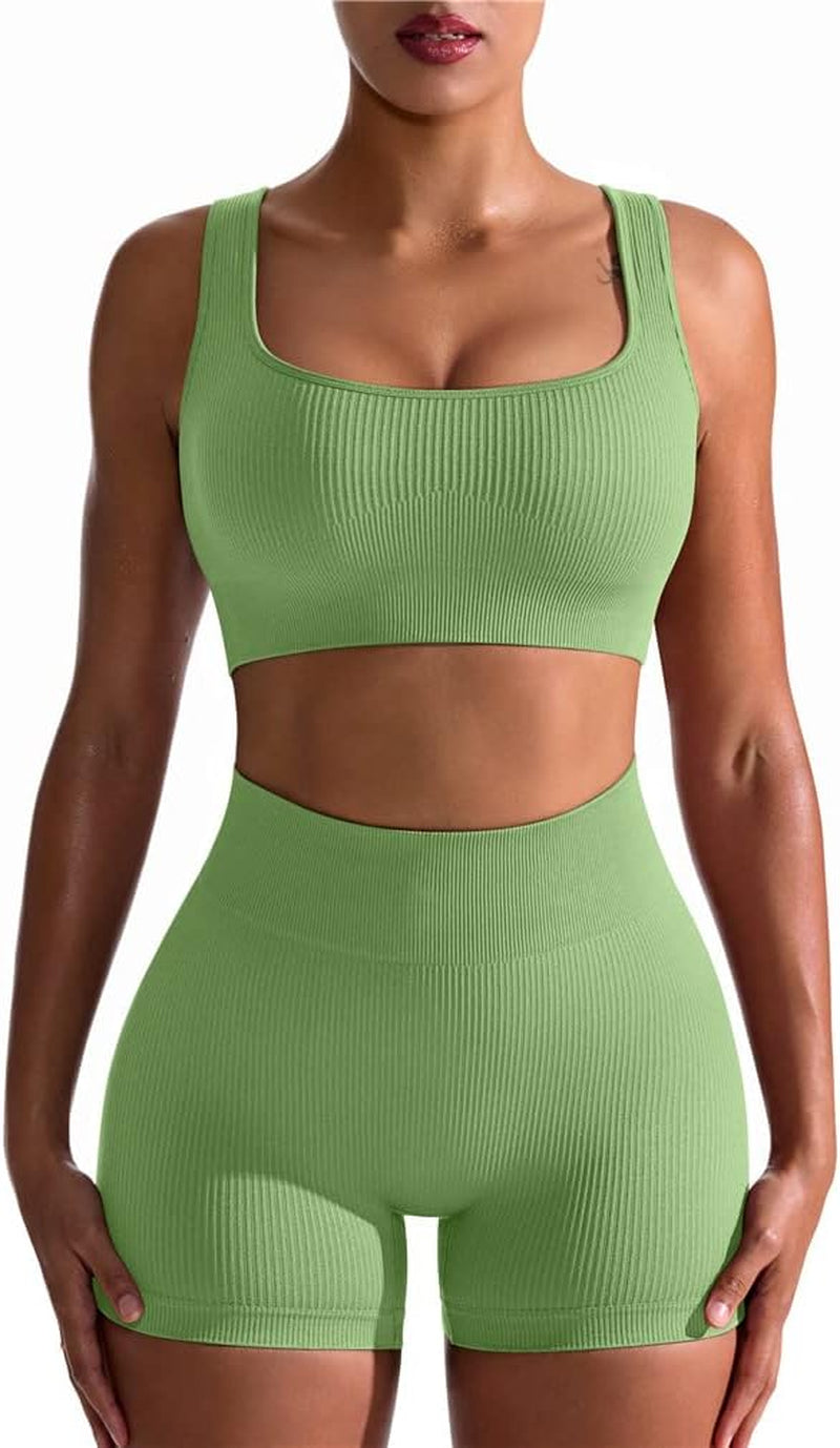 Women's 2-Piece Workout Set: Seamless Ribbed High Waist Leggings & Sports Bra - Exercise Outfit