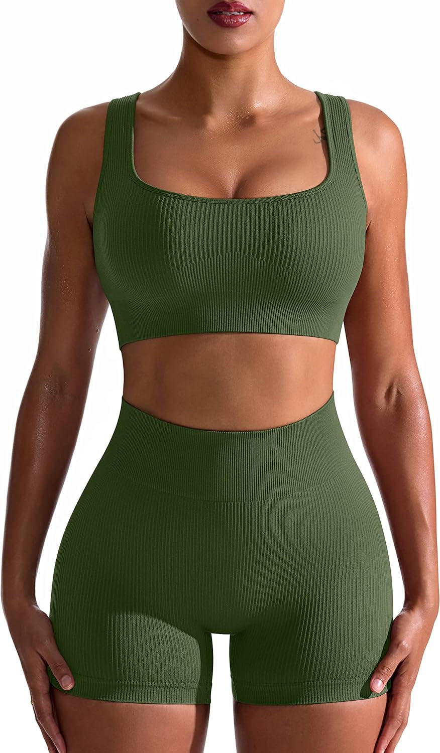 Women's 2-Piece Workout Set: Seamless Ribbed High Waist Leggings & Sports Bra - Exercise Outfit