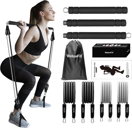 WeluvFit's Pilates Bar Kit with Resistance Bands - Non-Slip, Anti-Break, 3-Section Design for Full Body Workouts, Home Exercise Equipment for Women & Men, Ideal for Yoga, Squats
