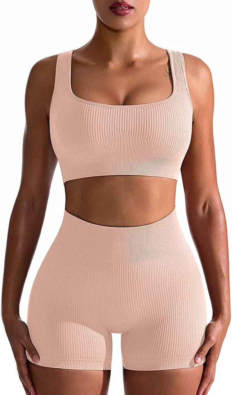 Women's 2-Piece Workout Set: Seamless Ribbed High Waist Leggings & Sports Bra - Exercise Outfit