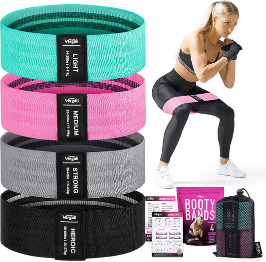 Fabric Resistance Bands Set of 4 for Booty, Hip & Thigh Workouts - Includes Exercise Guide for Men & Women