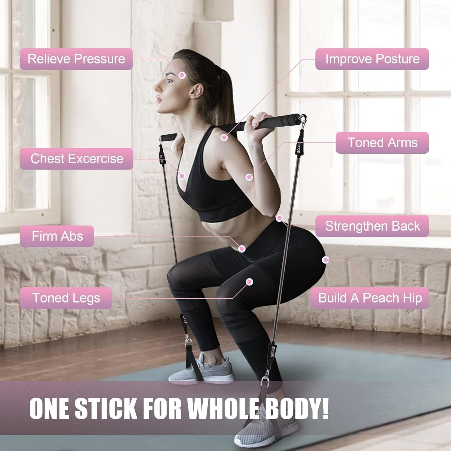 WeluvFit's Pilates Bar Kit with Resistance Bands - Non-Slip, Anti-Break, 3-Section Design for Full Body Workouts, Home Exercise Equipment for Women & Men, Ideal for Yoga, Squats