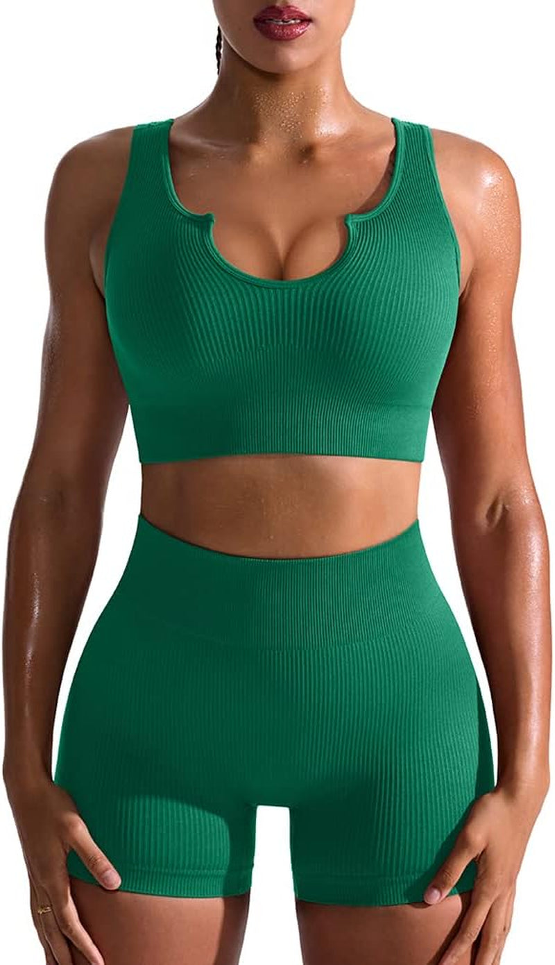 Women's 2-Piece Workout Set: Seamless Ribbed High Waist Leggings & Sports Bra - Exercise Outfit