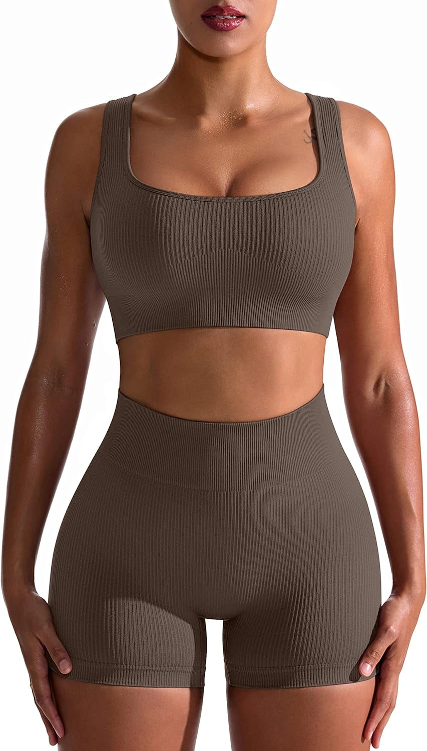 Women's 2-Piece Workout Set: Seamless Ribbed High Waist Leggings & Sports Bra - Exercise Outfit