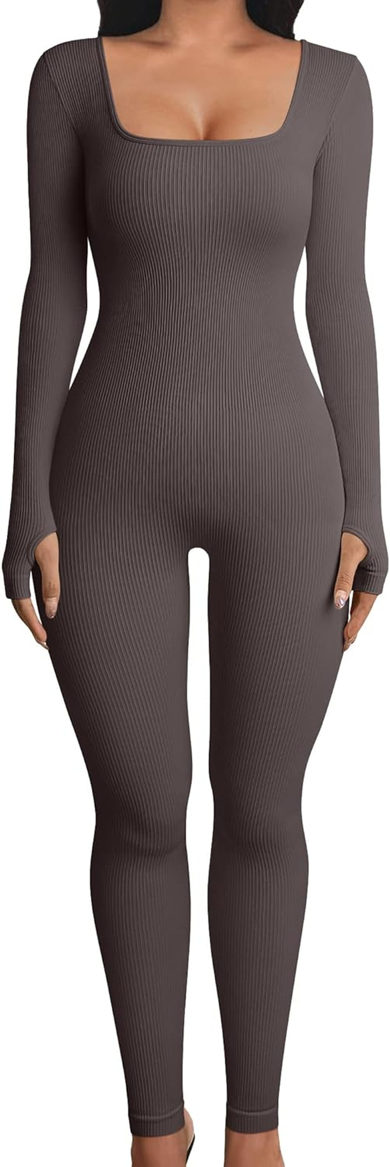 Women's Ribbed Yoga Jumpsuit: Long Sleeve Workout Sport Bodysuit