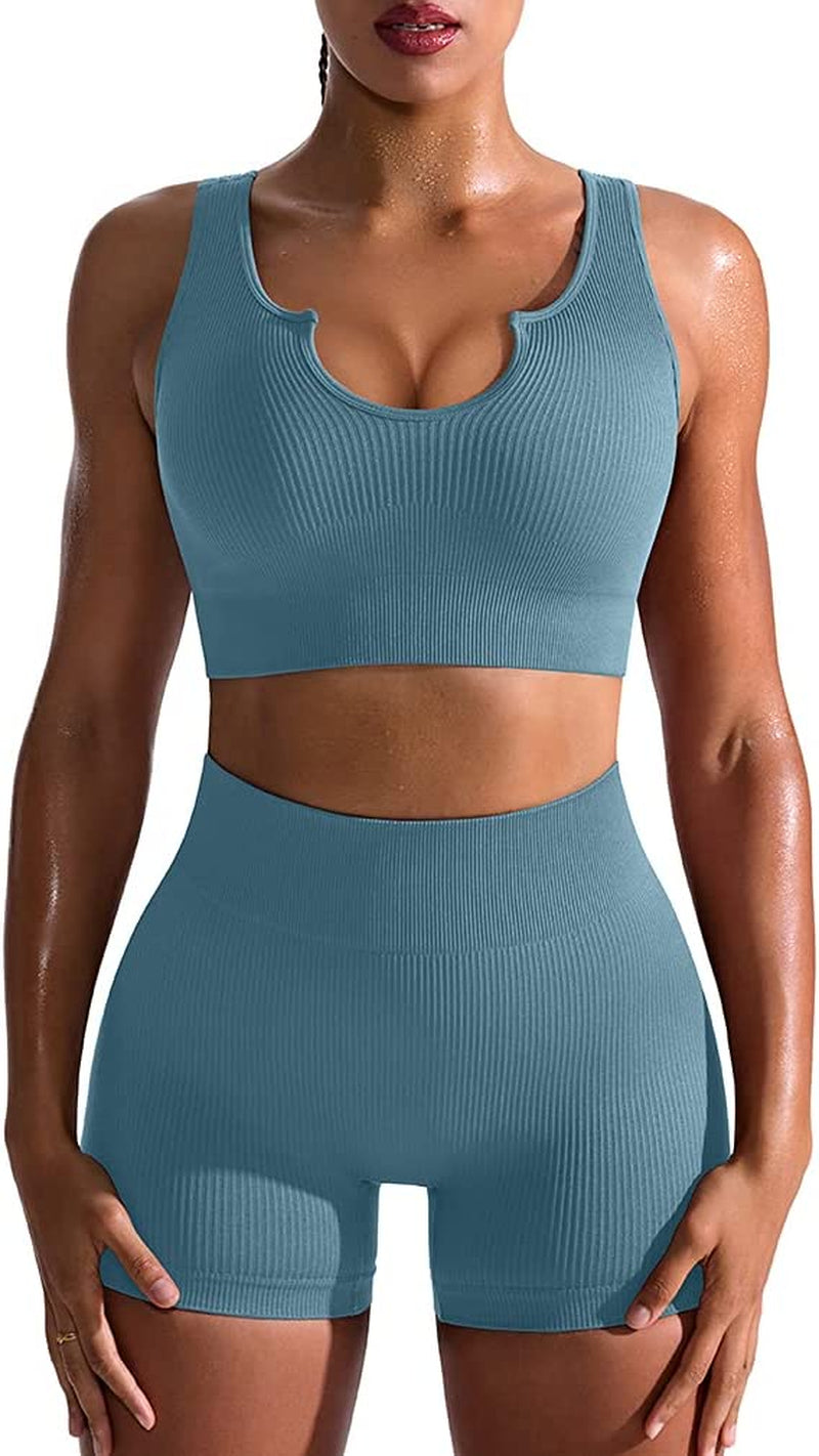 Women's 2-Piece Workout Set: Seamless Ribbed High Waist Leggings & Sports Bra - Exercise Outfit