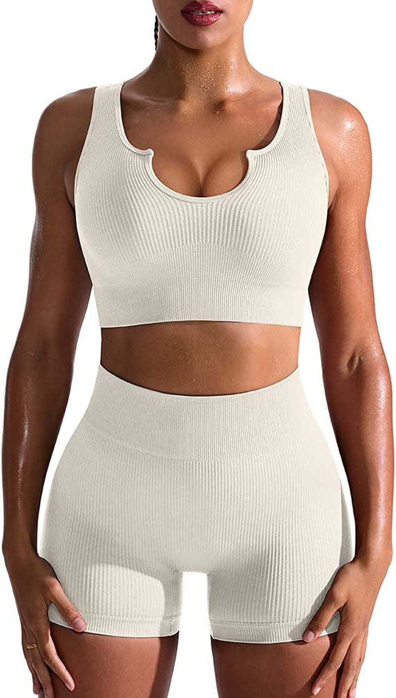 Women's 2-Piece Workout Set: Seamless Ribbed High Waist Leggings & Sports Bra - Exercise Outfit